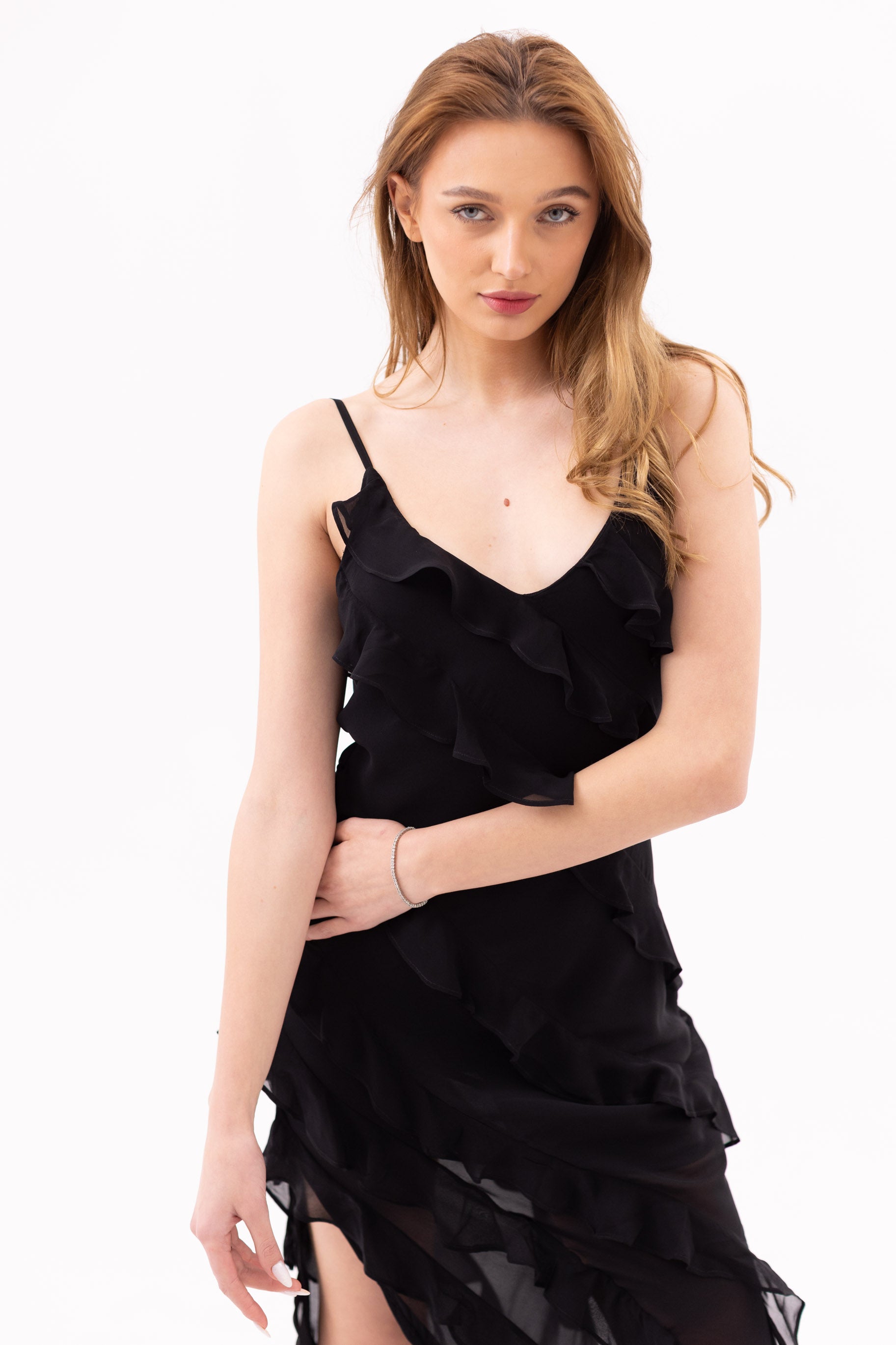Chiffon Dress with Frills - Black