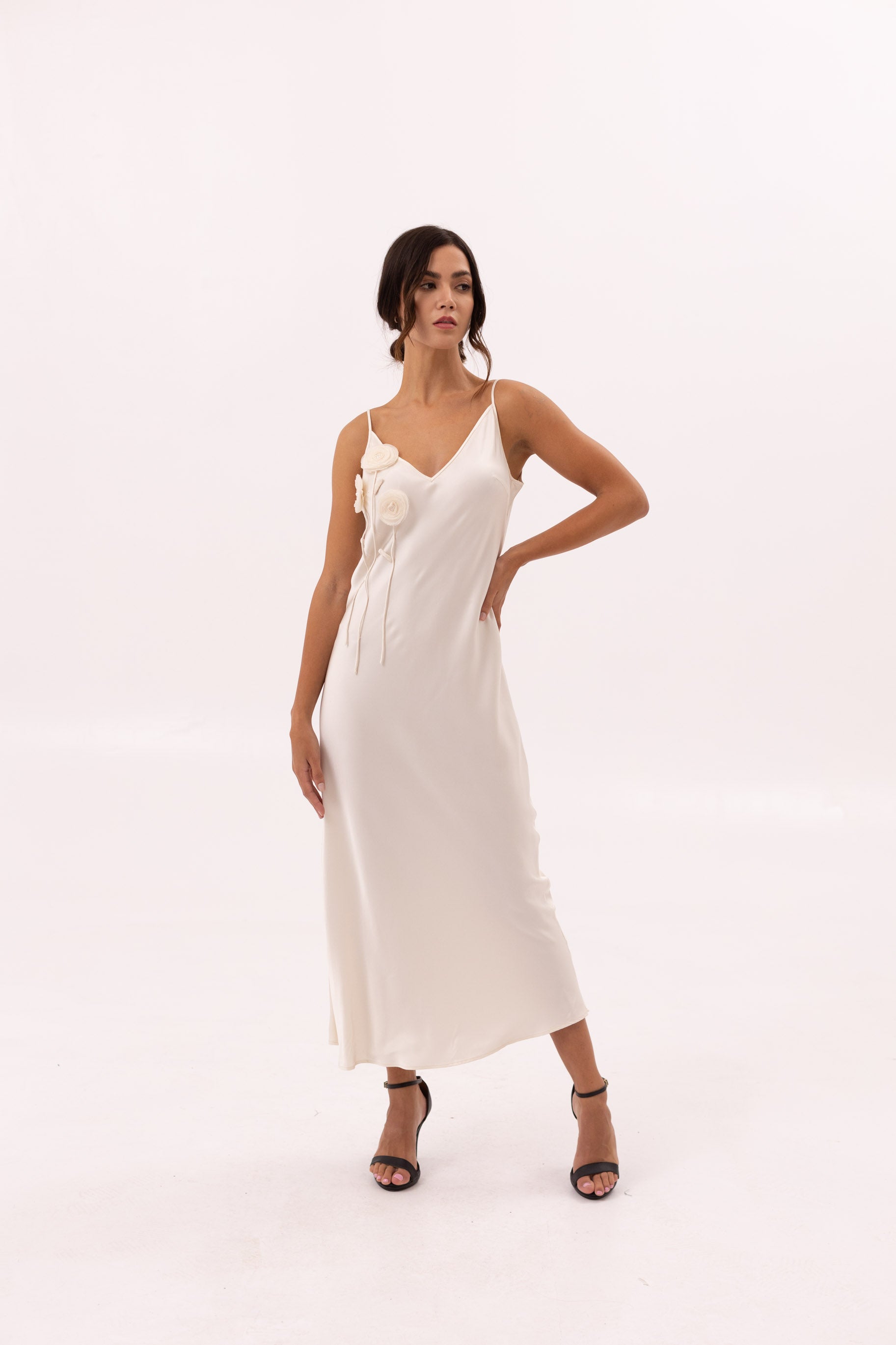 Satin Dress with Flowers - Off White