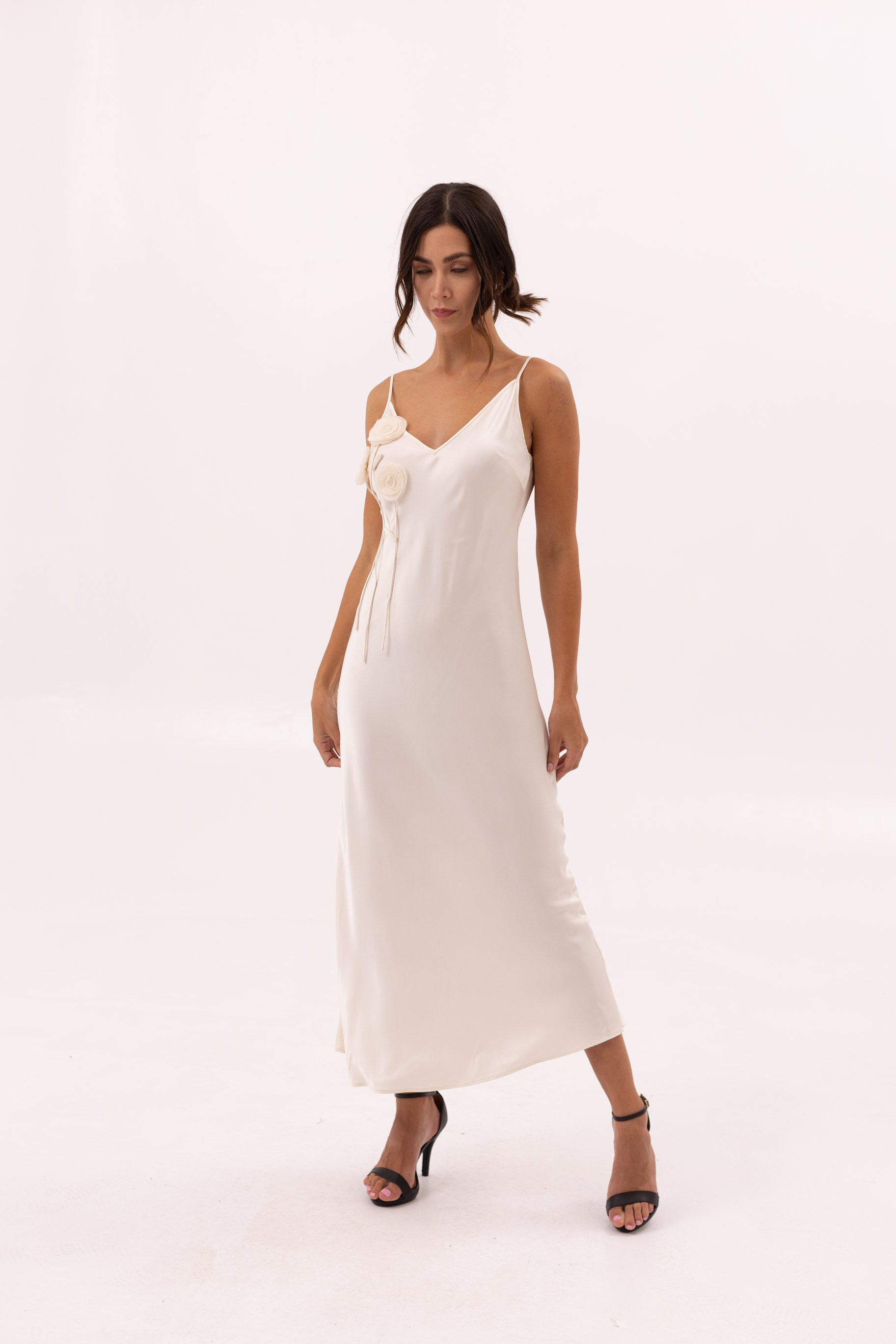 Satin Dress with Flowers - Off White
