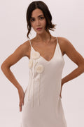 Satin Dress with Flowers - Off White