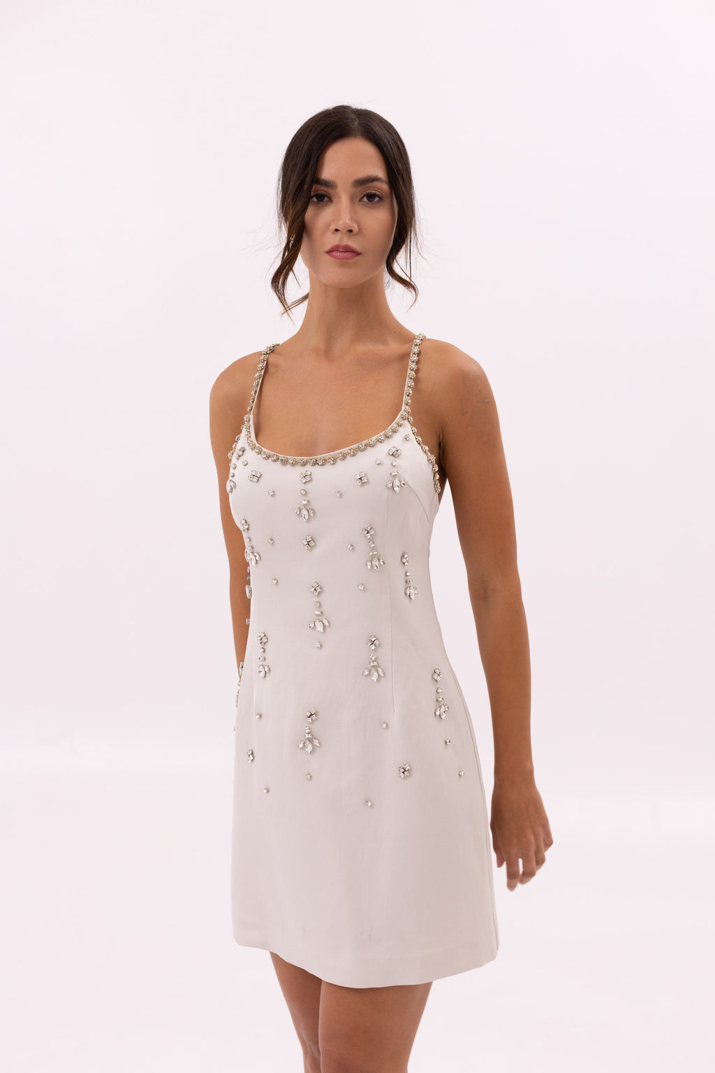 Sparkly Short Dress with Strass - Off White