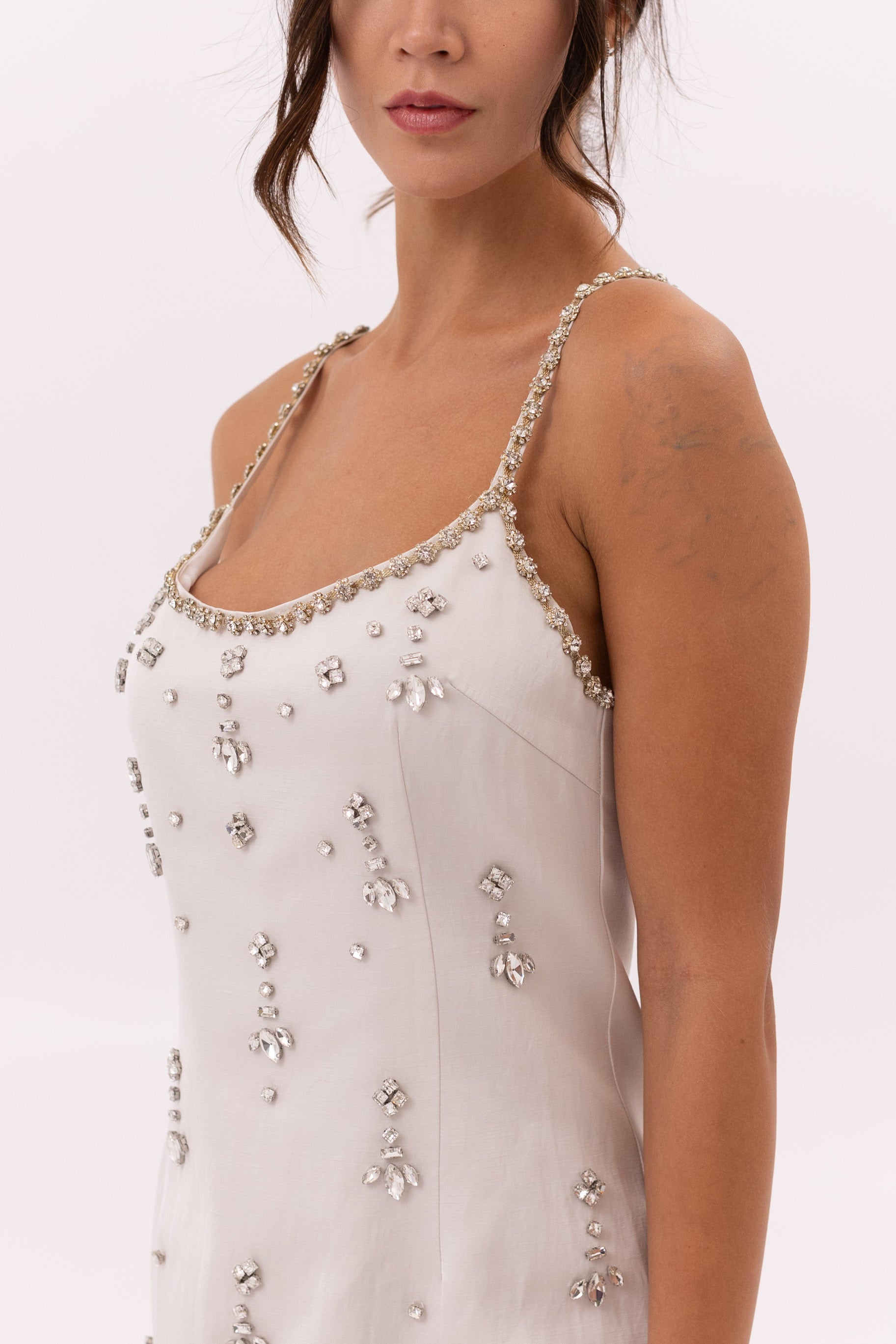 Sparkly Short Dress with Strass - Off White
