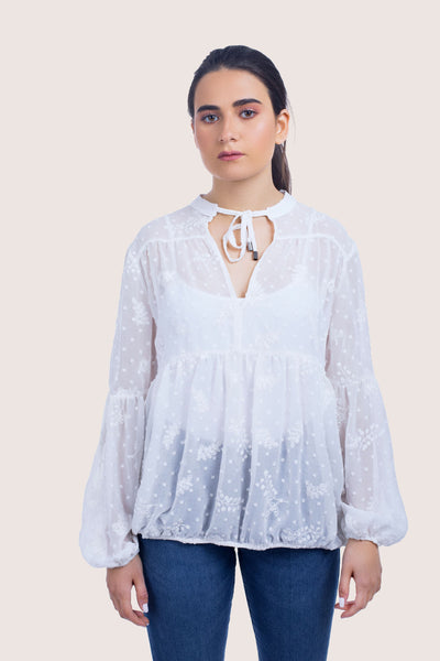 Embroidered Chiffon Relaxed Blouse - 110042