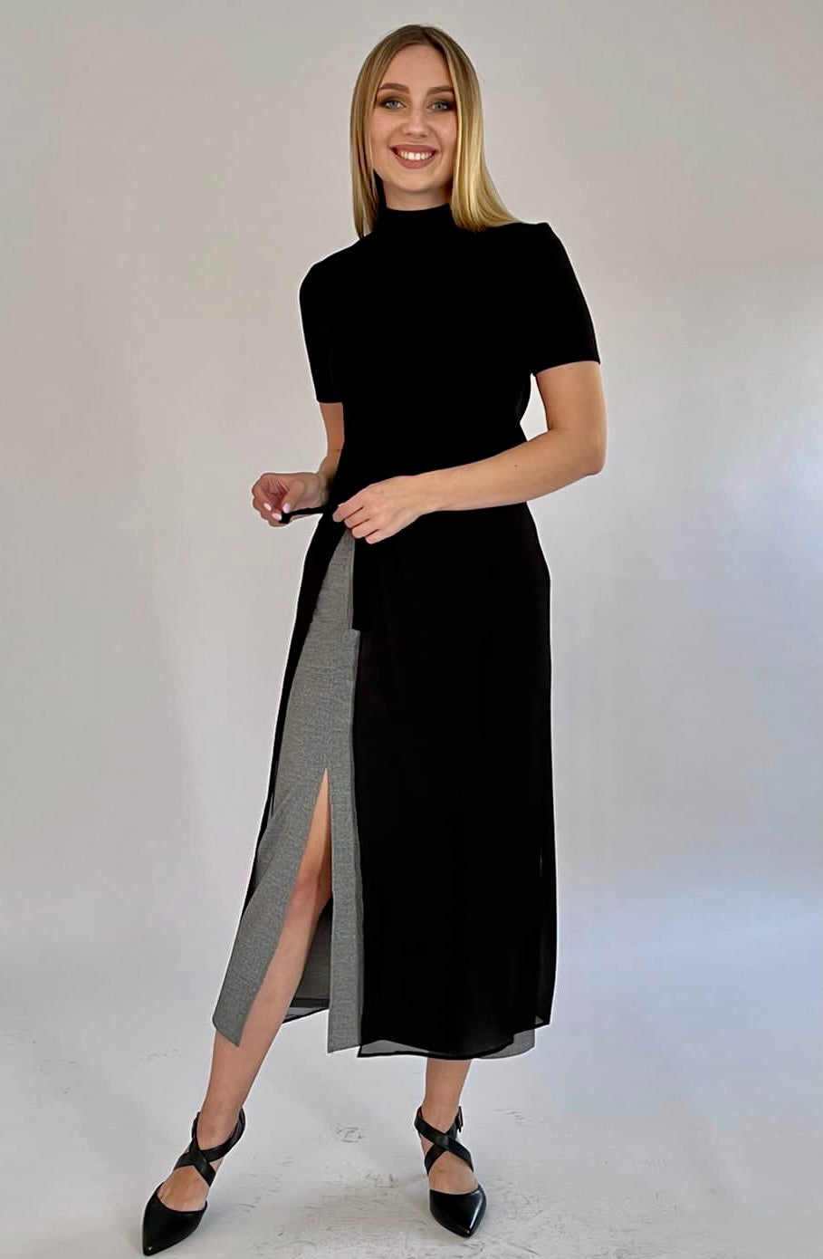 Light Grey Pencil Skirt with/or without Chiffon Wrap Skirt -22S1