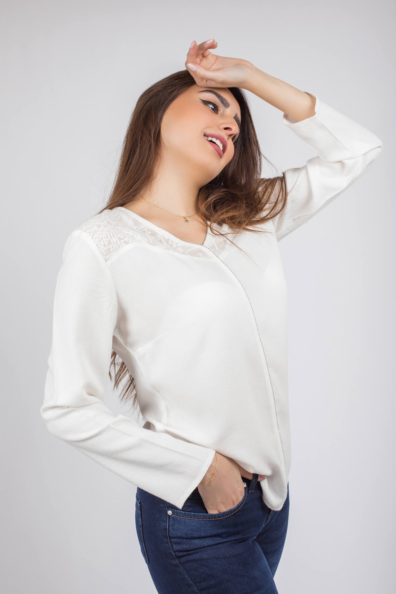 Embroidered Blouse with Silver Trim - 110055