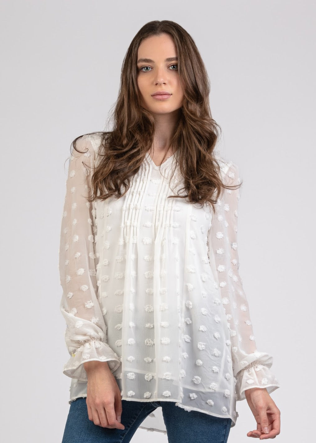 Big Dot Chiffon Blouse with Pleats - 110073
