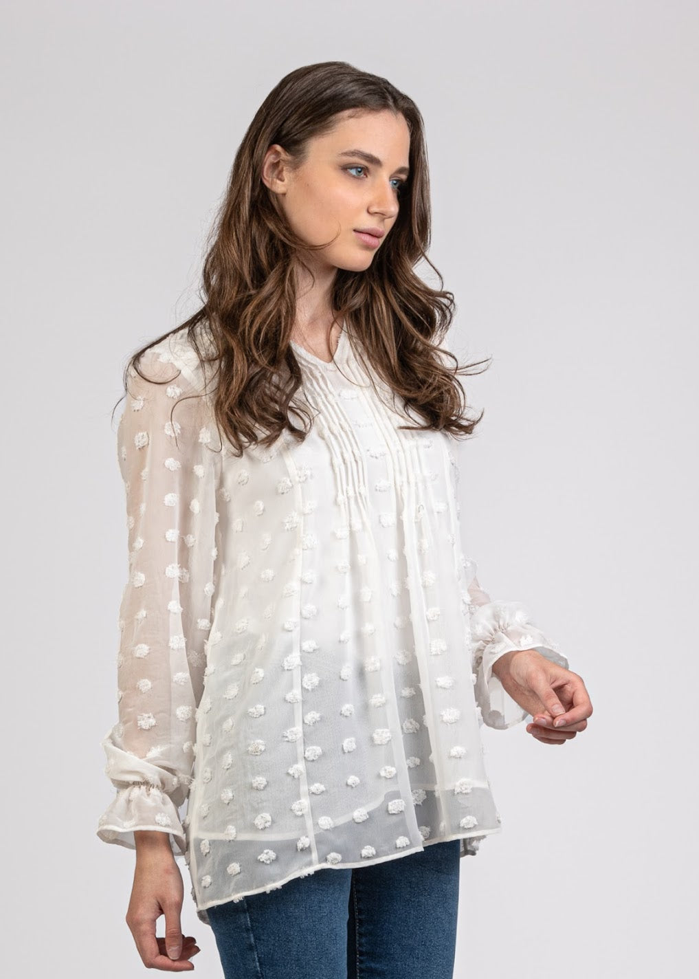 Big Dot Chiffon Blouse with Pleats - 110073