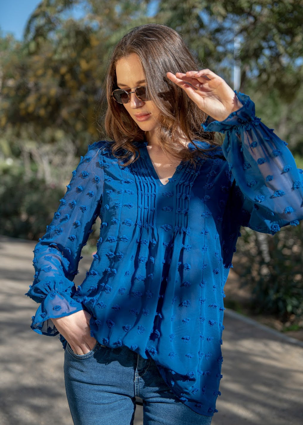 Big Dot Chiffon Blouse with Pleats - 110073