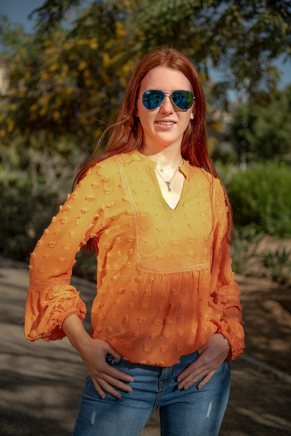 Big Dot Chiffon Blouse with Trim- 110074