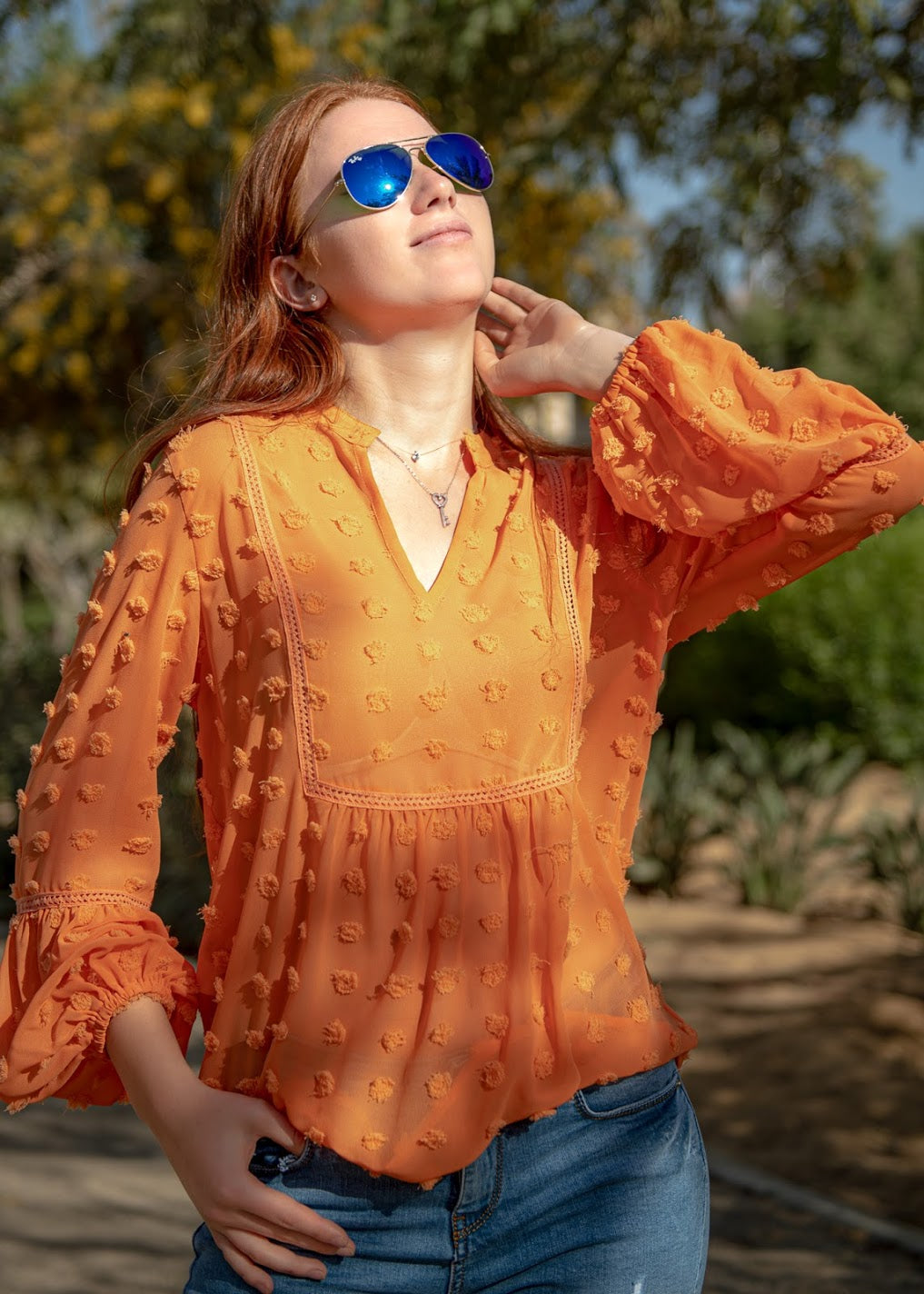 Big Dot Chiffon Blouse with Trim- 110074