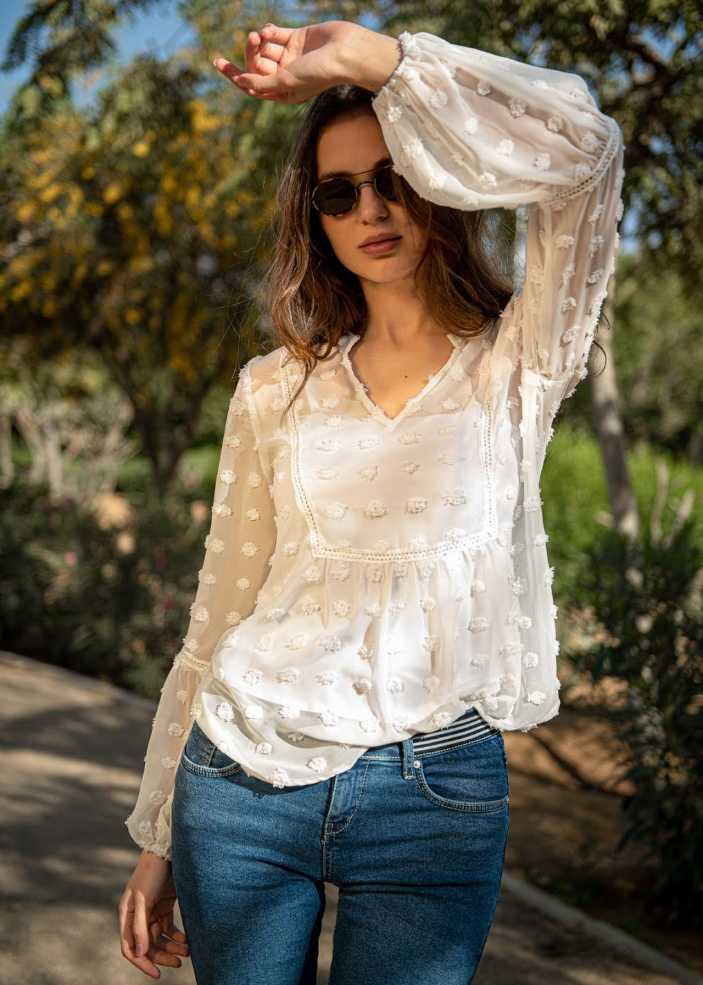 Big Dot Chiffon Blouse with Trim- 110074