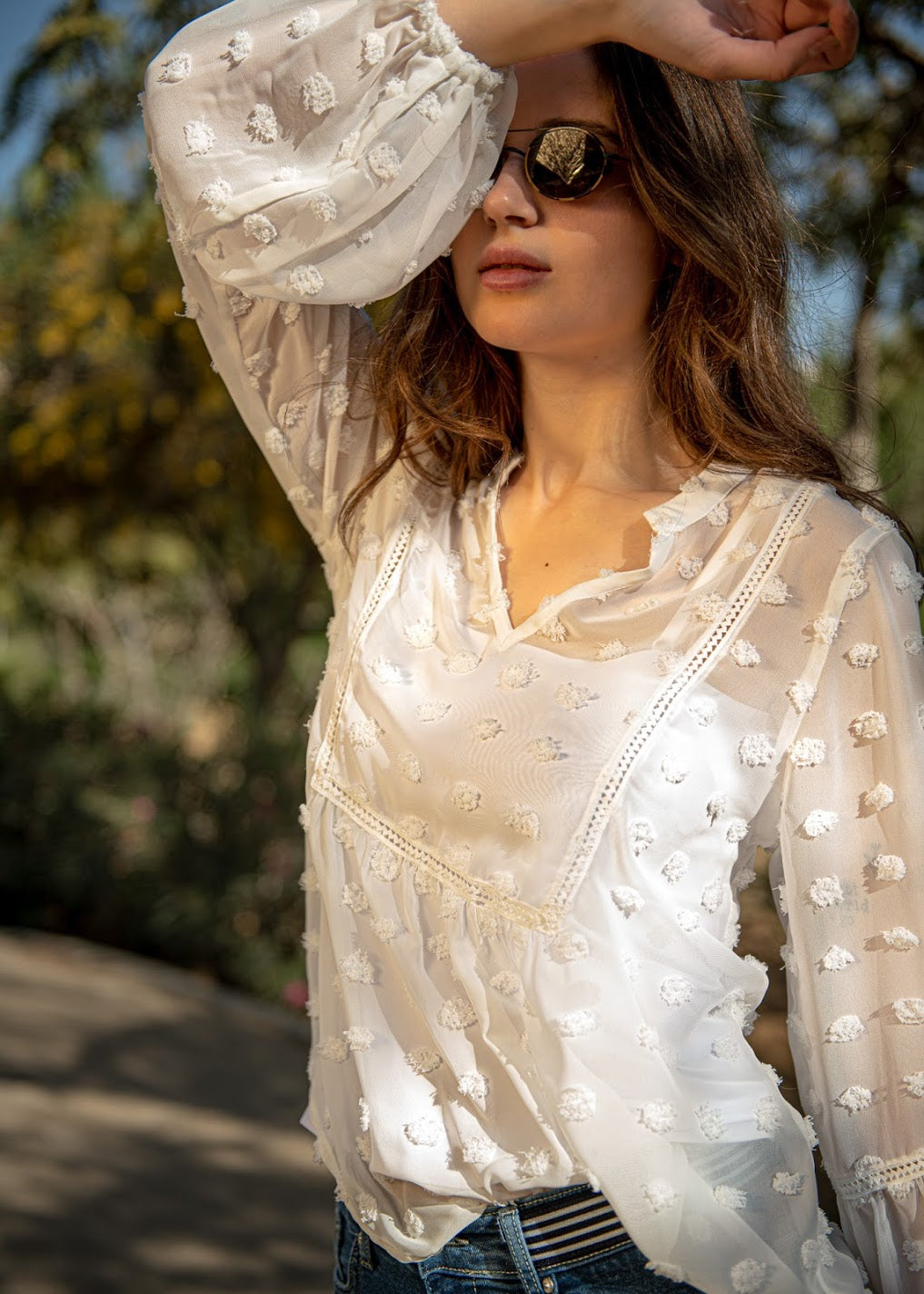 Big Dot Chiffon Blouse with Trim- 110074