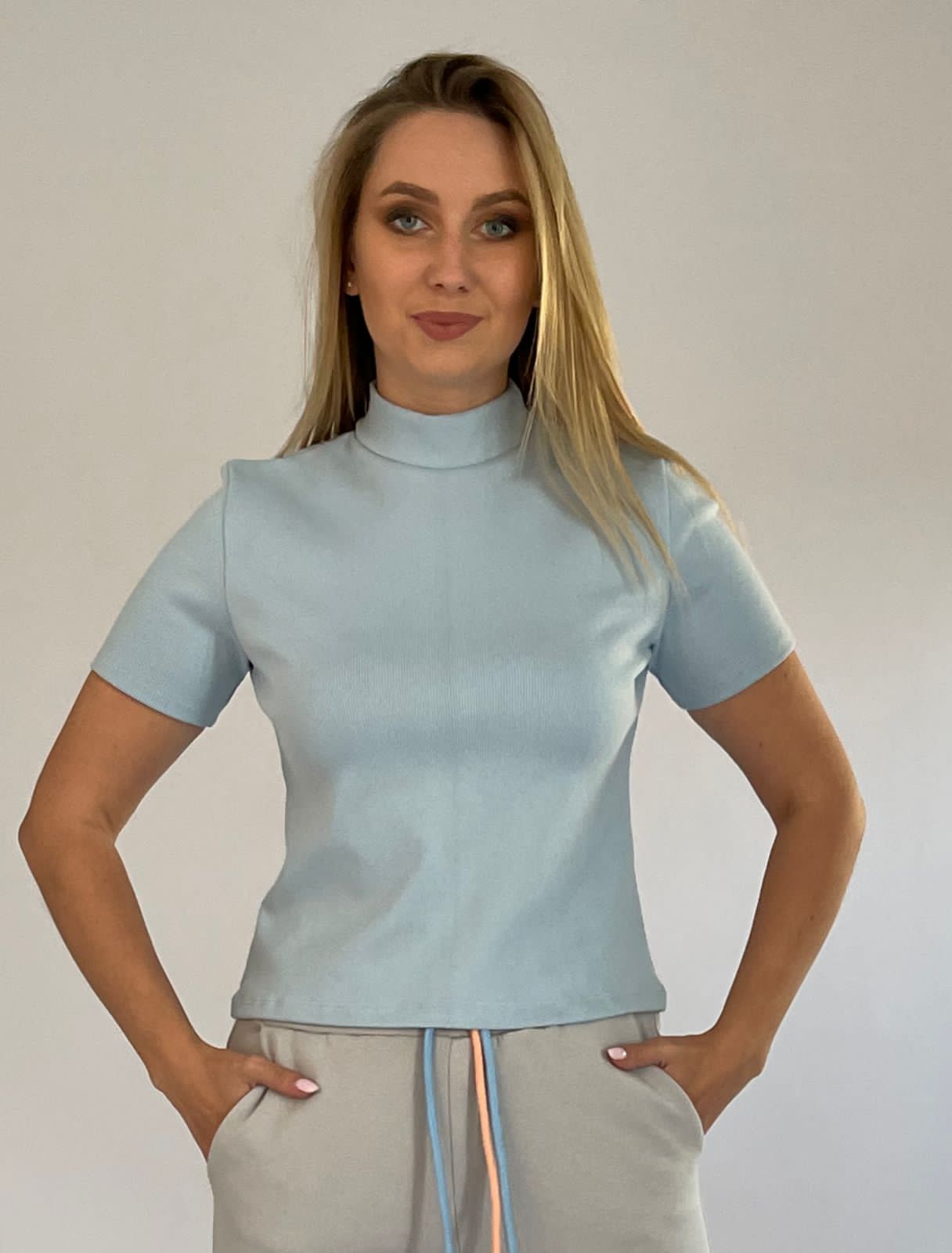 Baby Blue Turtle Neck Short Sleeves Top -22T1