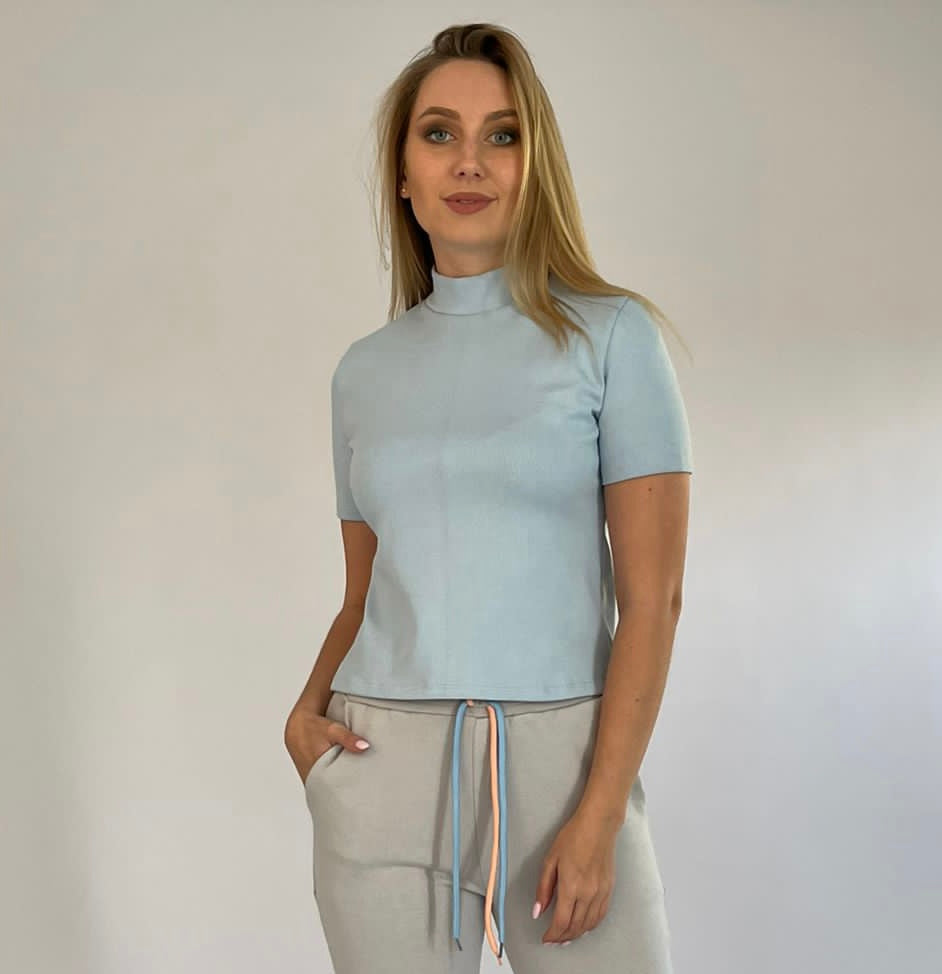 Baby Blue Turtle Neck Short Sleeves Top -22T1