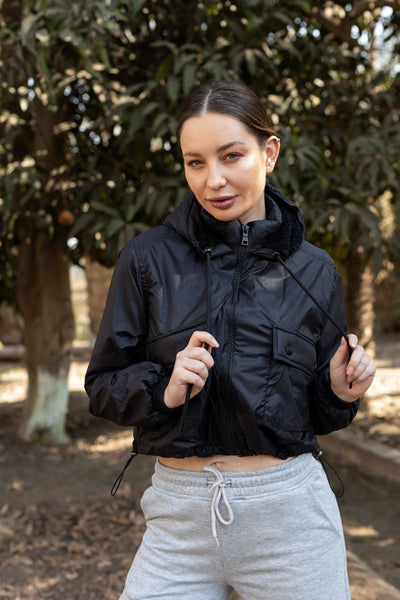 Nylon Cropped Jacket with Berber Lining - 267007