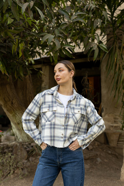 Flannel cropped raw edge shirt  - 263001