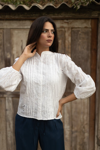 Button Up Embroidered Blouse - 110133