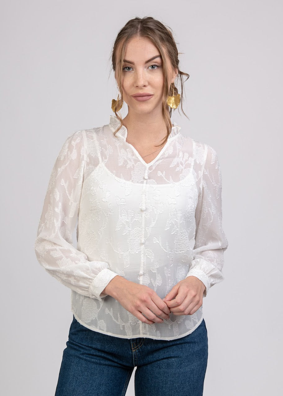Chiffon Jackard Blouse with Frills - 110088